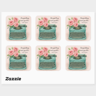 Vintage Typewriter and Pink Roses Watercolor Square Sticker