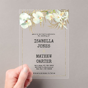 Vintage typewriter font white gold orchid Wedding Acrylic Invitations