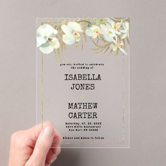 Vintage typewriter font white gold orchid Wedding Acrylic Invitations