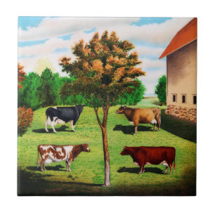 Vintage Typical Cow Breeds On The Farm Tile
