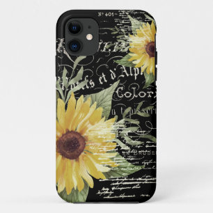 Vintage typography and sunflowers on black  iPhone 11 case