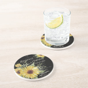 Vintage typography and sunflowers on black  coaster
