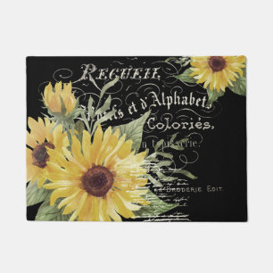 Vintage typography and sunflowers on black doormat
