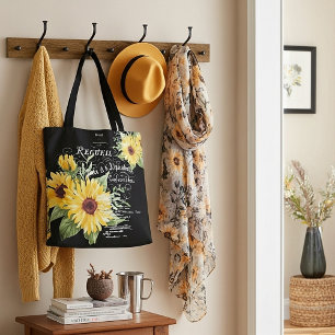 Vintage typography and sunflowers on black tote bag
