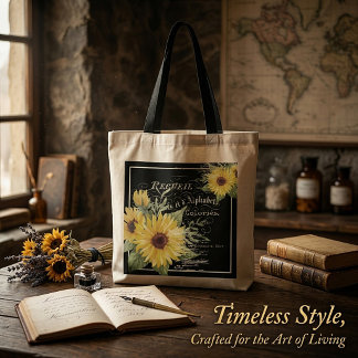Vintage typography and sunflowers on black tote bag