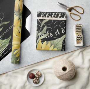 Vintage typography and sunflowers on black wrapping paper