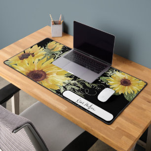Vintage typography and sunflowers personalised desk mat