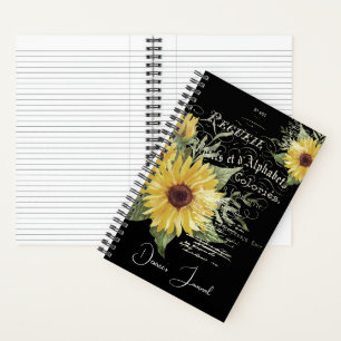 Vintage typography and sunflowers personalised notebook