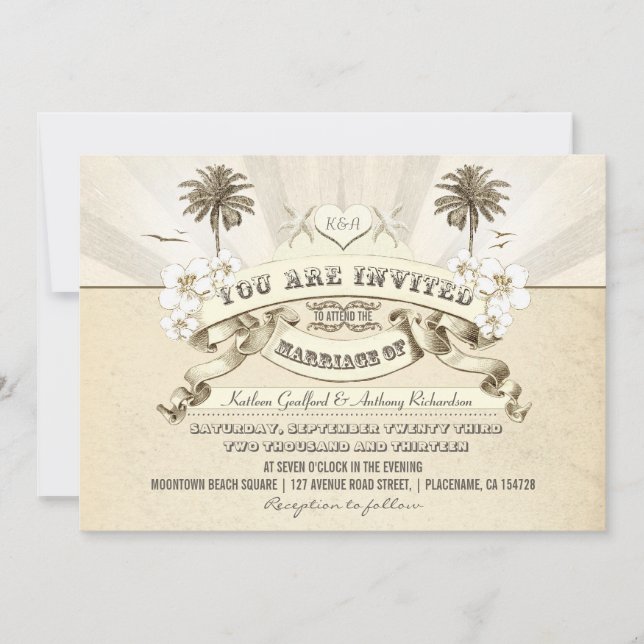 vintage typography beach wedding invitations (Front)