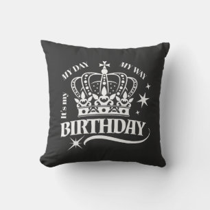 Vintage Typography Birthday Crown Black White Cushion