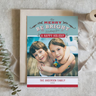 Vintage Typography Merry and Bright Photo Holiday Card
