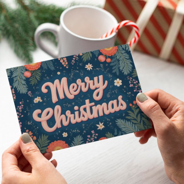 Vintage Typography Non-Photo Merry Christmas Card (Floral Merry Christmas Greeting Card)