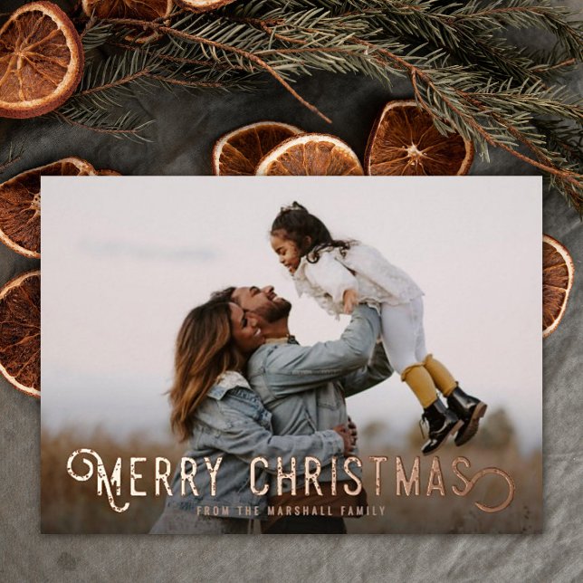 Vintage Typography Oranges Merry Christmas Photo  Foil Holiday Card (Creator Uploaded)