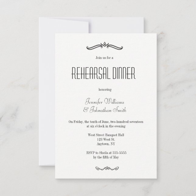 Vintage typography rehearsal dinner invitations (Front)