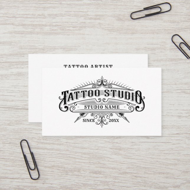 Vintage Typography Tattoo Studio Business Card (Front/Back In Situ)
