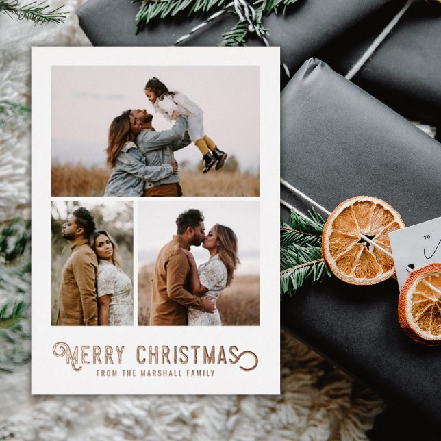 Vintage Typography Winter Oranges Photo Christmas  Foil Holiday Card (Creator Uploaded)