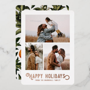 Vintage Typography Winter Oranges Photo  Foil Holiday Card