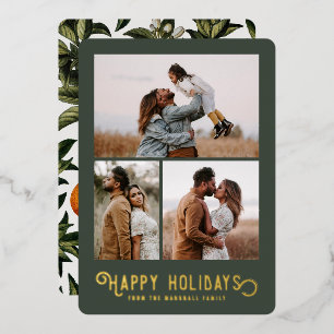 Vintage Typography Winter Oranges Photo   Foil Holiday Card