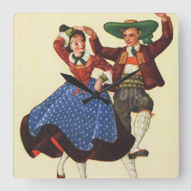 Vintage Tyrolean dancers, Austria Square Wall Clock (Front)