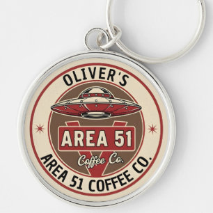 Vintage UFO Area 51 Coffee Diner Badge Key Ring