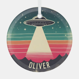 Vintage UFO at Sunset Personalised Glass Tree Decoration