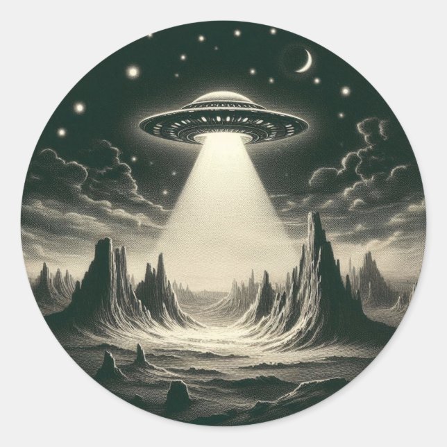 Vintage UFO Over Mountains Flying Saucer Aliens Classic Round Sticker (Front)