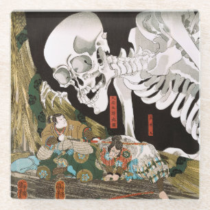 Vintage Ukiyo-e Kuniyoshi Skeleton Spectre Art Glass Coaster