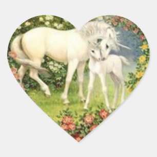 Vintage Unicorn And Foal Heart Sticker