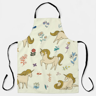 Vintage unicorn in forest flowers colour illustrat apron