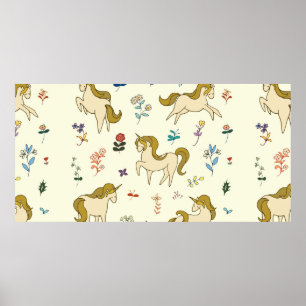 Vintage unicorn in forest flowers colour illustrat poster
