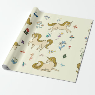 Vintage unicorn in forest flowers colour illustrat wrapping paper
