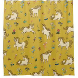 Vintage unicorn in forest flowers pattern shower curtain