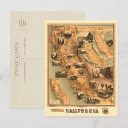 Vintage Unique Restored Map of California, 1885 Postcard