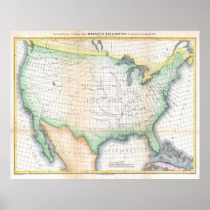 Vintage United States Magnetic Declination Map Poster