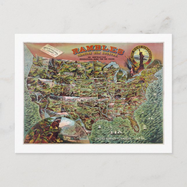 Vintage United States Map Rambles Travel Postcard (Front)
