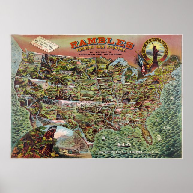 Vintage United States Map Rambles Travel Poster (Front)