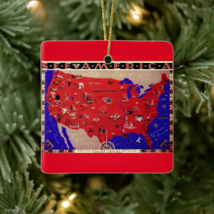 Vintage United States of America Travel Bureau Map Ceramic Tree Decoration