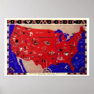 Vintage United States of America Travel Bureau Map Poster