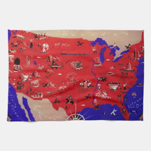 Vintage United States of America Travel Bureau Map Tea Towel