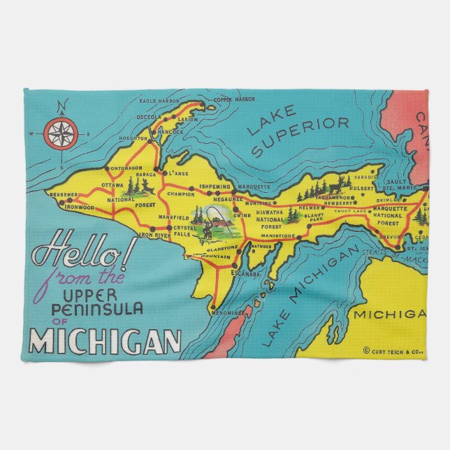 Vintage Upper Peninsula Michigan Travel Tea Towel (Horizontal)