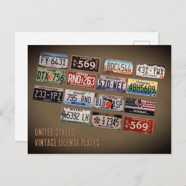 Vintage US License Plates Postcard (Front/Back)