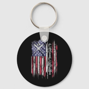 Vintage Usa American Flag Cricket Player Silhouett Key Ring