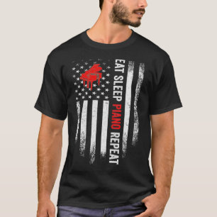 Vintage USA American Flag Eat Sleep Piano Repeat P T-Shirt