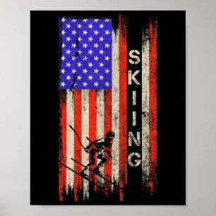 Vintage Usa American Flag Skiing Player Skier Silh Poster