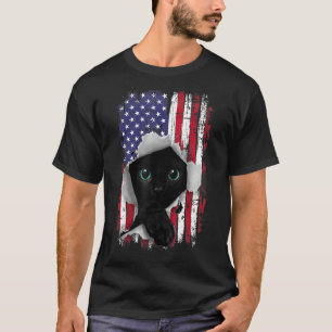 Vintage USA American Flag Torn Black Cat Kitten T-Shirt