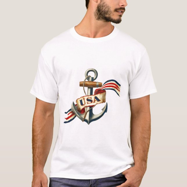 Vintage USA Anchor T-Shirt - Patriotic Nautical  (Front)