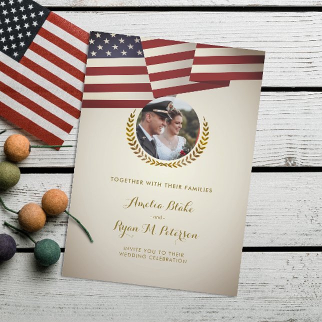 Vintage USA Flag | Gold Laurel Leaf | Wedding Invitation (Creator Uploaded)