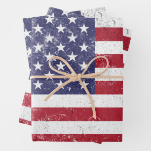 Vintage USA Flag Patriotic American Red White Blue Wrapping Paper Sheet