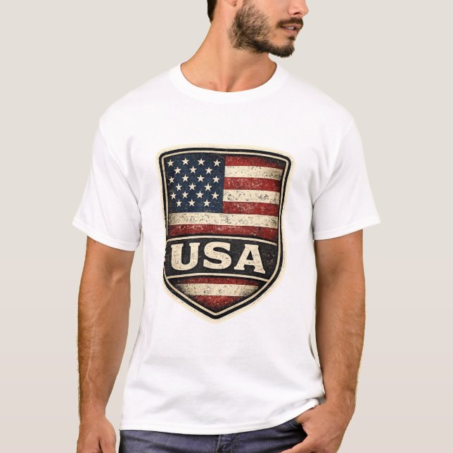 Vintage USA Flag Shield T-Shirt | Distressed Ameri (Front)