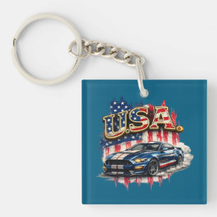 Vintage USA Muscle Car Patriotic Square Keychain